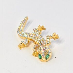 Gold Tone Gecko Brooch with Aurora Rhinestones